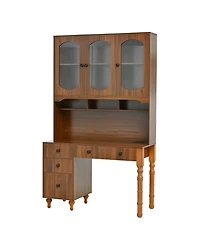 Streamdale Furniture 47" Retro Desk with Hutch, Charging, Drawers & Glass-Door Bookshelf, Walnut