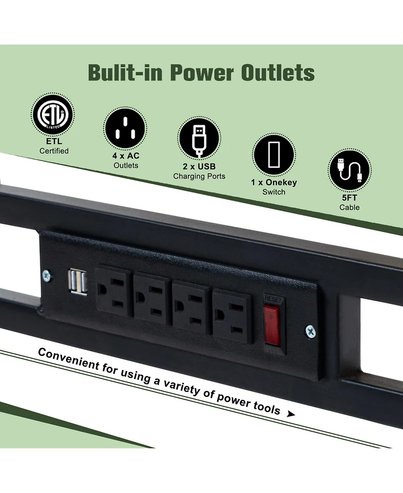 Streamdale Furniture Adjustable Height Workbench, 60" Rubber Wood Top with Power Outlets, 2000 lbs Capacity