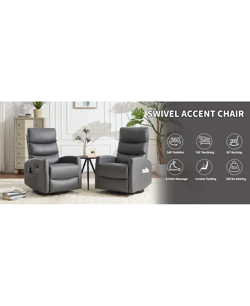 Streamdale Furniture Heat Massage Rocker Recliner Chair, Swivel Fabric, Grey