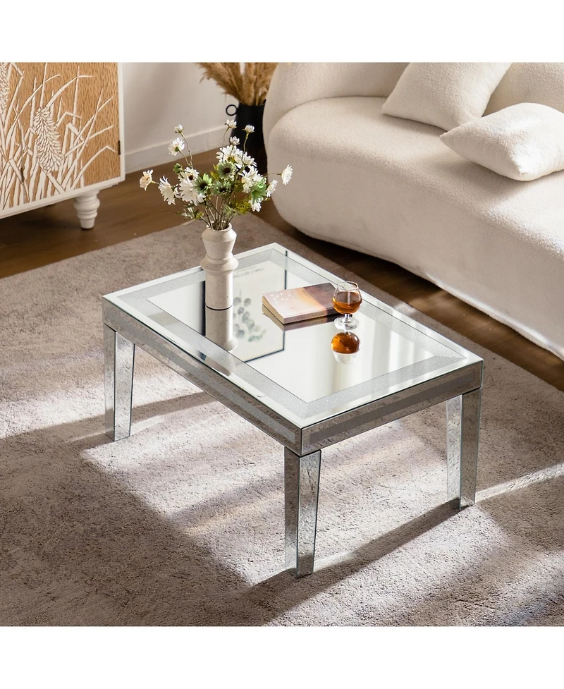 Streamdale Furniture Silver Crushed Crystal Coffee Table, Mirrored Glass, Glam Modern