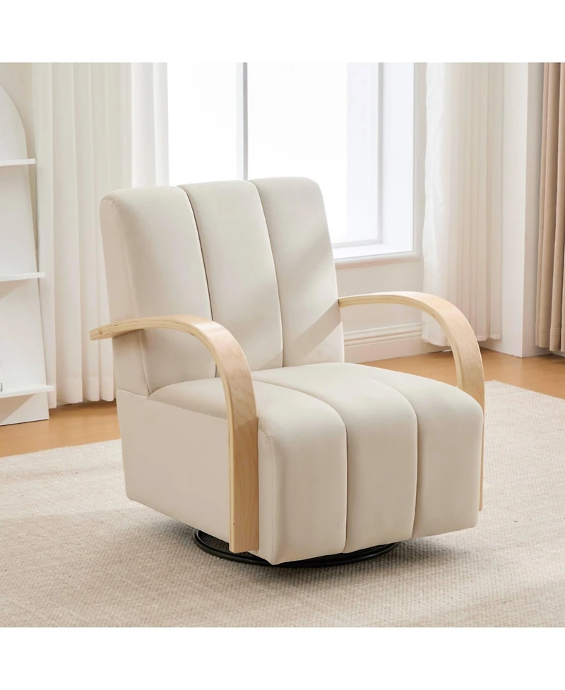 Streamdale Furniture 30.7" Swivel Accent Chair - Channel Tufted, Wood Armrests - Beige