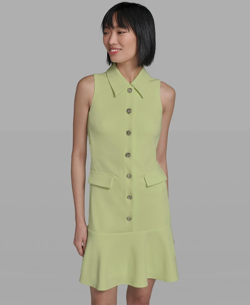 Karl Lagerfeld Paris Women's Flower-Button Collared Sleeveless Shift Dress