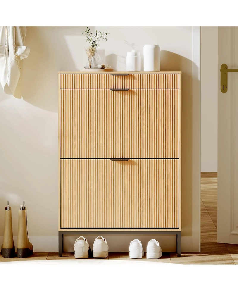 gaomon Fluted Shoe Storage Cabinet, Narrow Shoe Organizer with 2 Flip Drawers