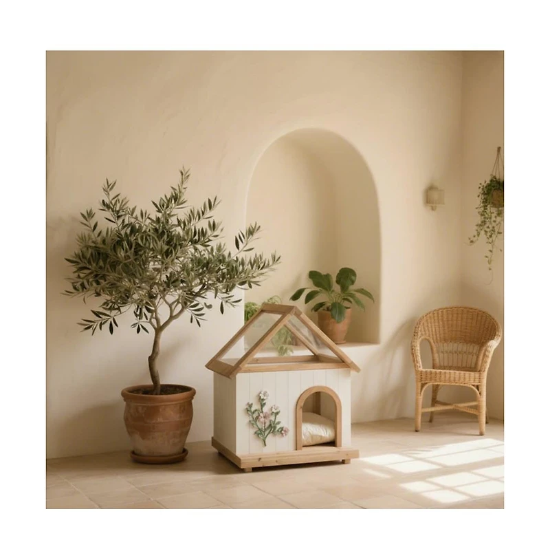 Zeus & Ruta Fsc Cedar Floral Carved Transparent Roof Cat House