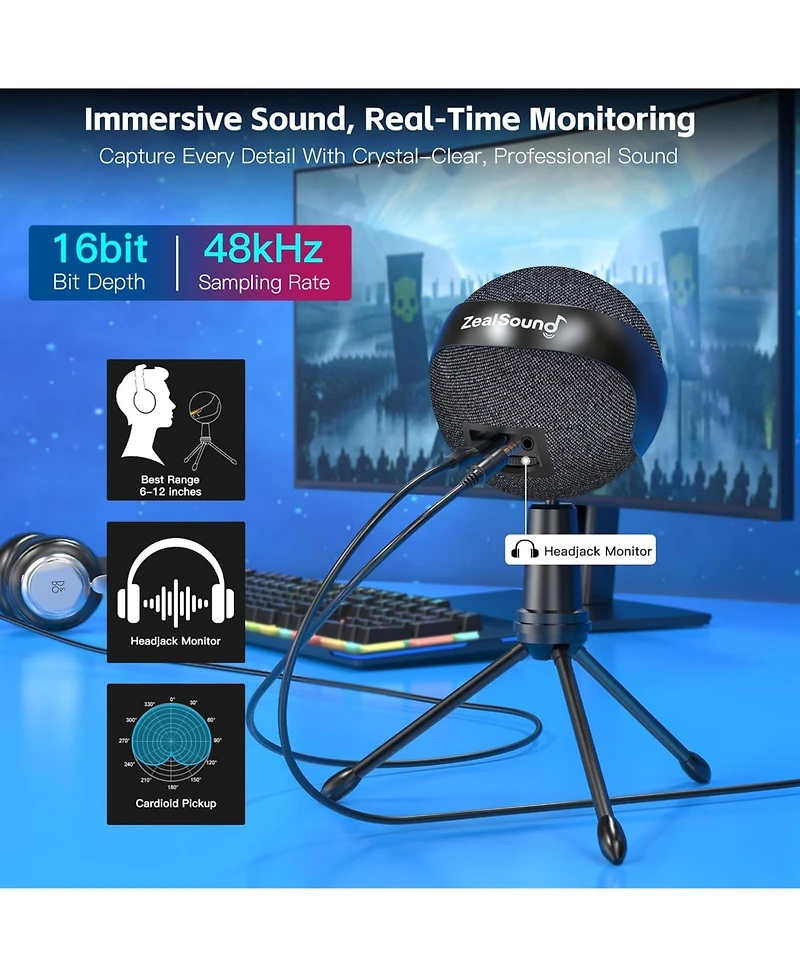 ZealSound Rgb Usb Microphone for iPhone Pc Gaming Noise Cancellation Touch Mute Echo Volume Gain Monitor for Podcast Zoom YouTube Streaming