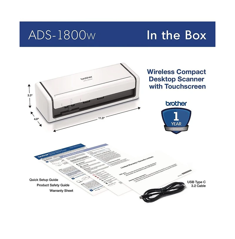 Brother ADS1800W 600 dpi x 600 dpi Optical Resolution 20-Sheet Duplex Auto Document Feeder Ads-1800W Compact Desktop Scanner