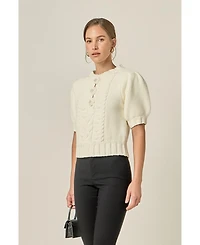 English Factory Women's Cable Puff Sleeve Knit with Flower Details