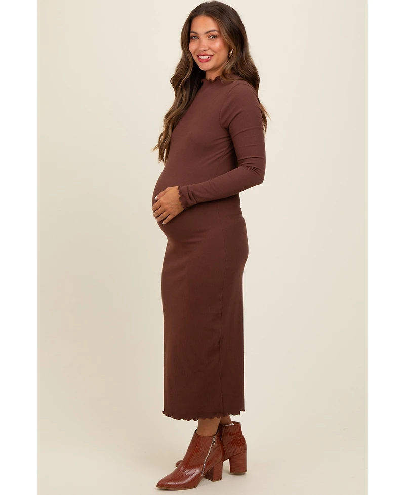 Pinkblush Maternity Brown Ruffle Mock Neck Long Sleeve Midi Dress