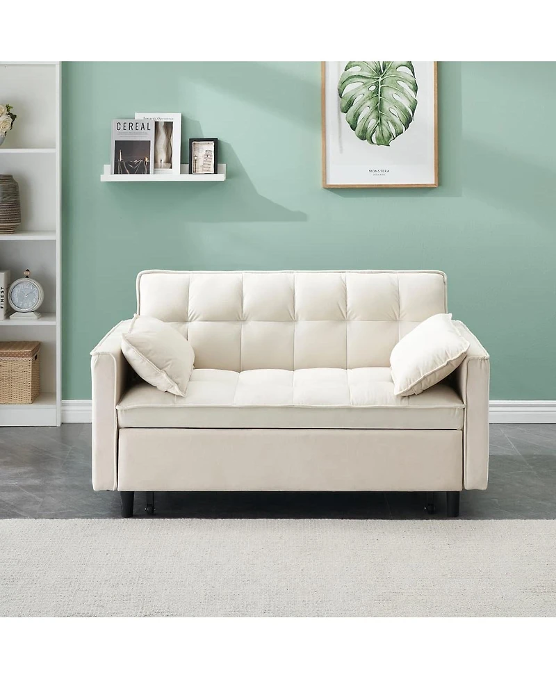 Maison Boucle 55 Inch Pull Out Sleeper Loveseat Sofa Bed, Convertible Velvet Couch with Pillows and Side Storage Pockets