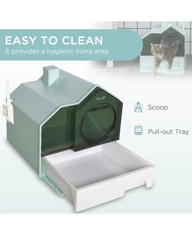 Aostirmotor Easy-Clean Hooded Cat Litter Box Set with Odor Control Mat, Pull-Out Drawer, Scoop & Handle in Light Blue