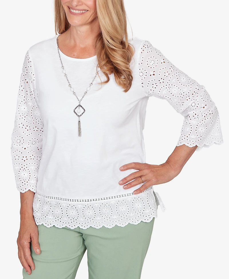 Alfred Dunner Petite St. Augustine Solid Eyelet Trim Top with Necklace