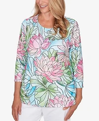 Alfred Dunner Petite Classic Stained Glass Floral Print Top with Necklace