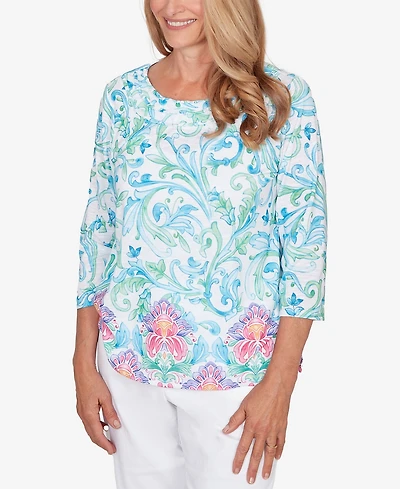 Alfred Dunner Petite Classic Scroll Border Embellished Neck Top