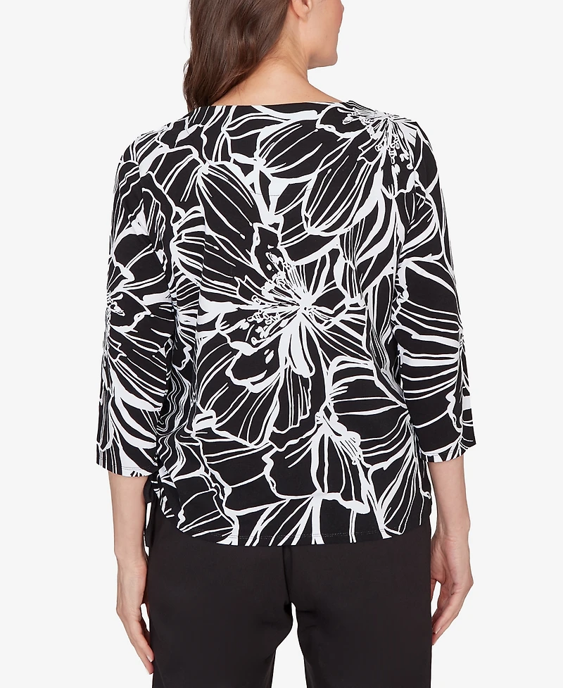 Alfred Dunner Petite Classic Floral Linework Side Tie Ruched Top