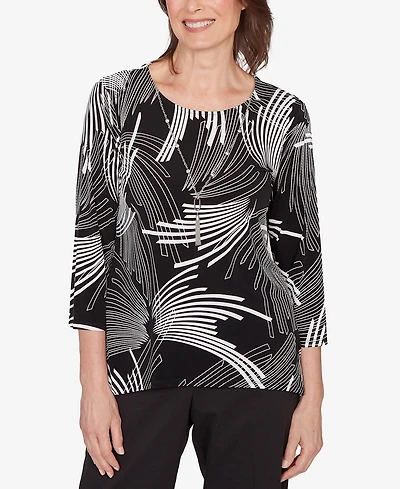 Alfred Dunner Petite Classic Geometric Sharkbite Hem Top with Necklace