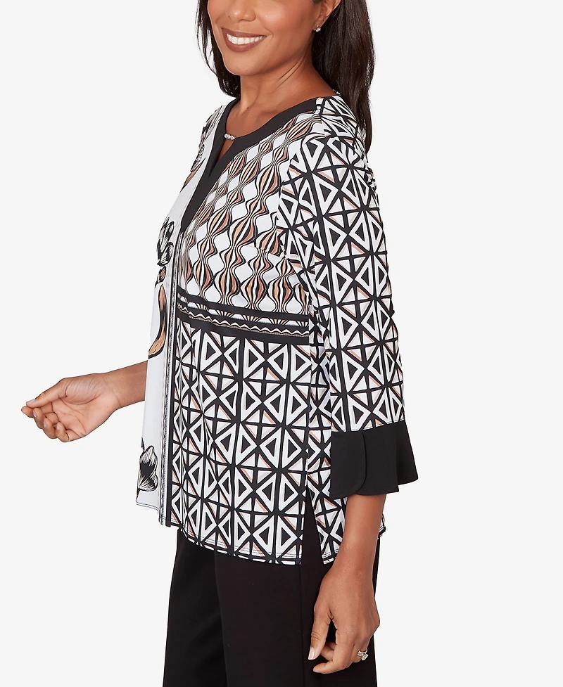 Alfred Dunner Petite Classic Floral Geo Patchwork Split Neck Top