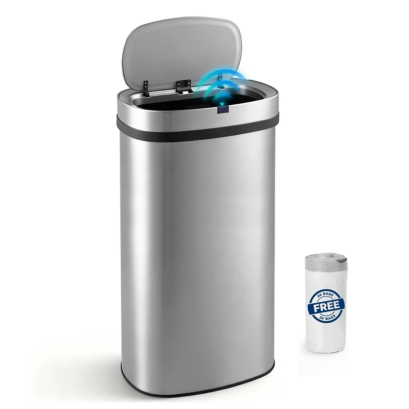 Mega Casa 18-Gallon Motion Sensor Stainless Steel Trash Can with 26 Trash Bags, Oval Automatic Touchless Kitchen Waste Bin with Silent Lid