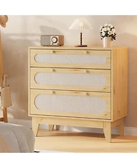 gaomon Rattan 3-Drawer Bedroom Dresser, Stylish Oak Storage Chest for Closet Living Room Entryway Hallway