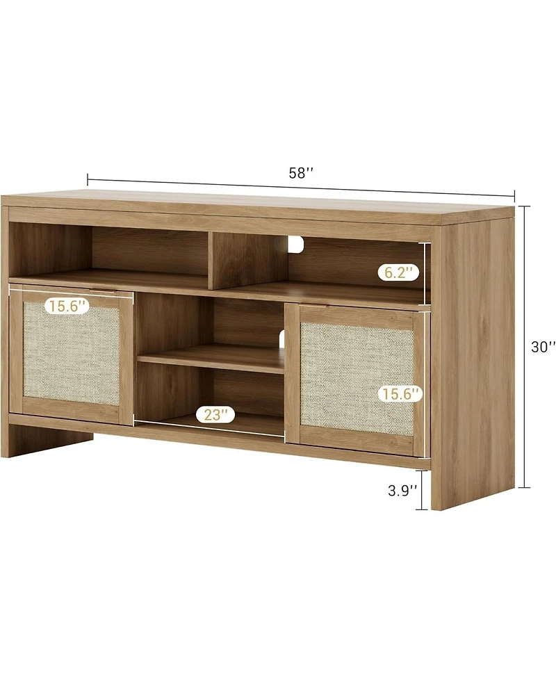 gaomon 58" Boho Tv Stand for 65" TVs, Rattan Entertainment Center with Adjustable Shelves, Oak