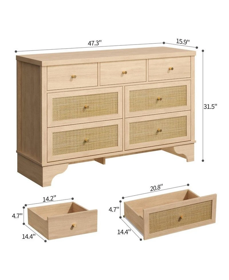 gaomon 7-Drawer Modern Dresser for Bedroom, Wood Chest with Natural Rattan Fronts, Sturdy Base, Organizer for Living Room, Entryway