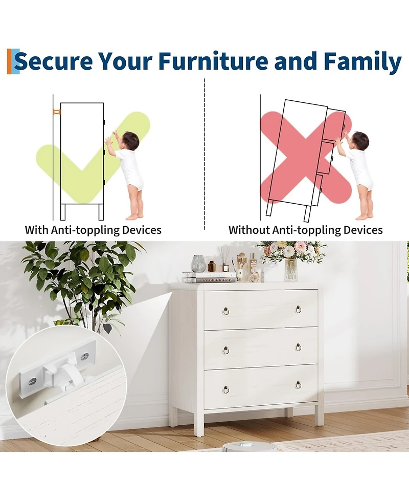 gaomon 3-Drawer Modern Bedroom Dresser Chest Closet Storage Cabinet Organizer for Bedroom, Living Room, Hallway, Office, White