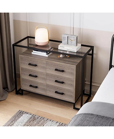 gaomon Kitchen Pantry Cabinet with Glass Doors, 6 Drawers, Microwave Rack, Versatile Storage, Mobile Casters, Dining Room Organizer