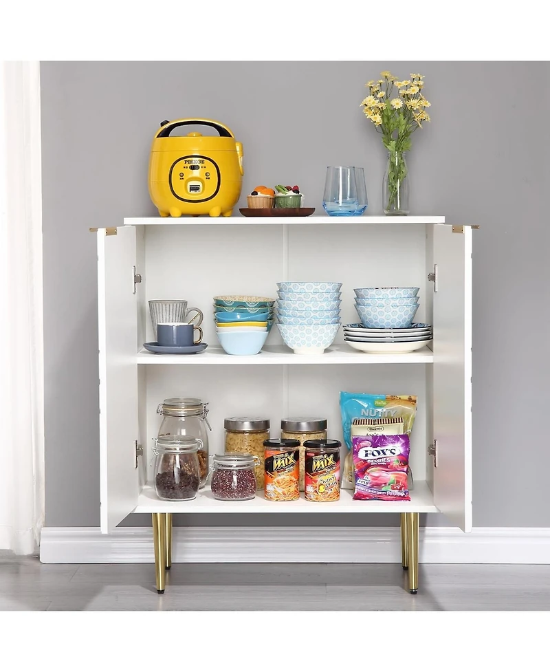 gaomon White Storage Cabinet with 2 Doors, Diamond Pattern, Gold Handles, Adjustable Shelves, Modern Living Room Organizer