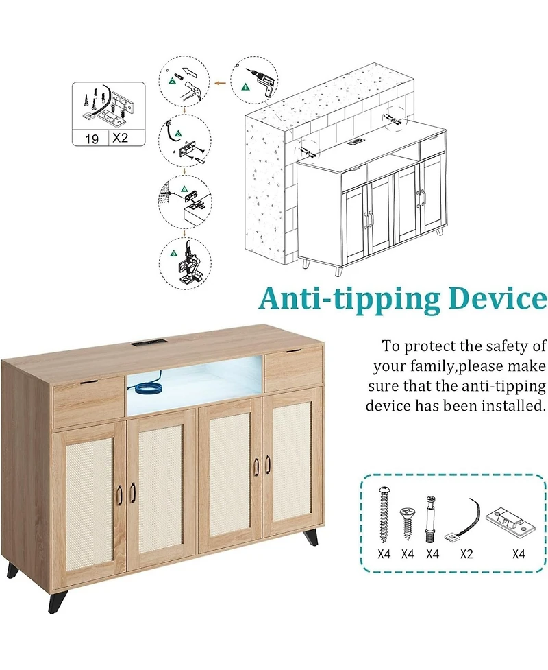 gaomon Rattan Sideboard Buffet Cabinet, 4 Doors 2 Drawers, Built-in Power Outlet, Adjustable Shelves, Kitchen, Dining Room, Black