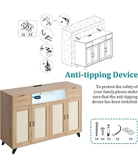 gaomon Rattan Sideboard Buffet Cabinet, 4 Doors 2 Drawers, Built-in Power Outlet, Adjustable Shelves, Kitchen, Dining Room, Black