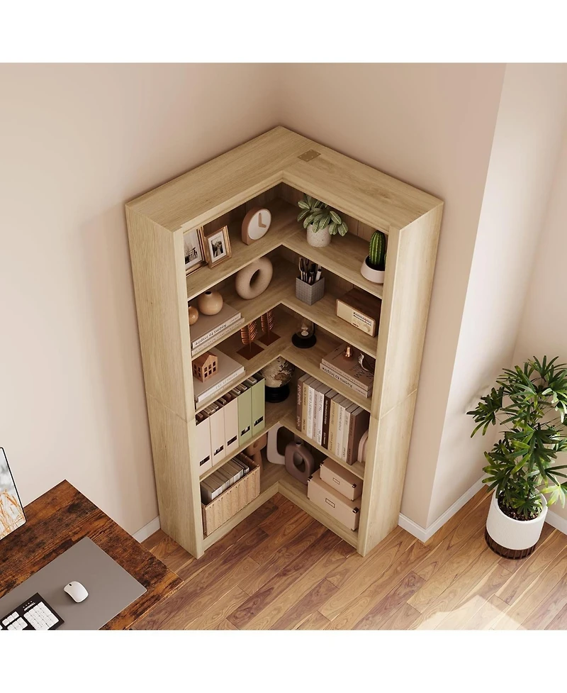gaomon 5-Tier Farmhouse Corner Bookcase, 71.8" L-Shaped Wood Display Shelf with Storage, Living Room, Home Office