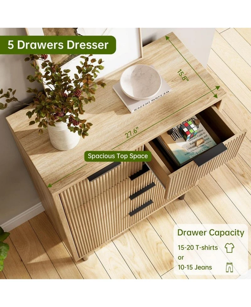 gaomon 5-Drawer Modern Fluted Wide Wood Dresser, Chest Organizer with Metal Legs, Anti-Tipping for Bedroom, Living Room