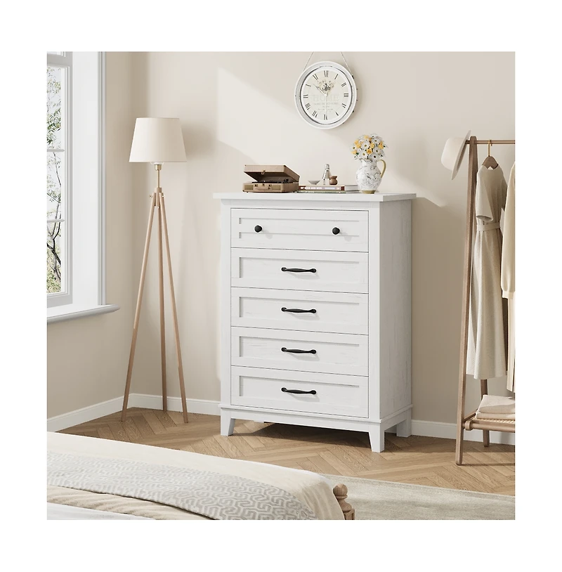 gaomon 5-Drawer White Freestanding Wooden Chest, 41.3" Tall, Vertical Dresser for Living Room, Bedroom, Entryway