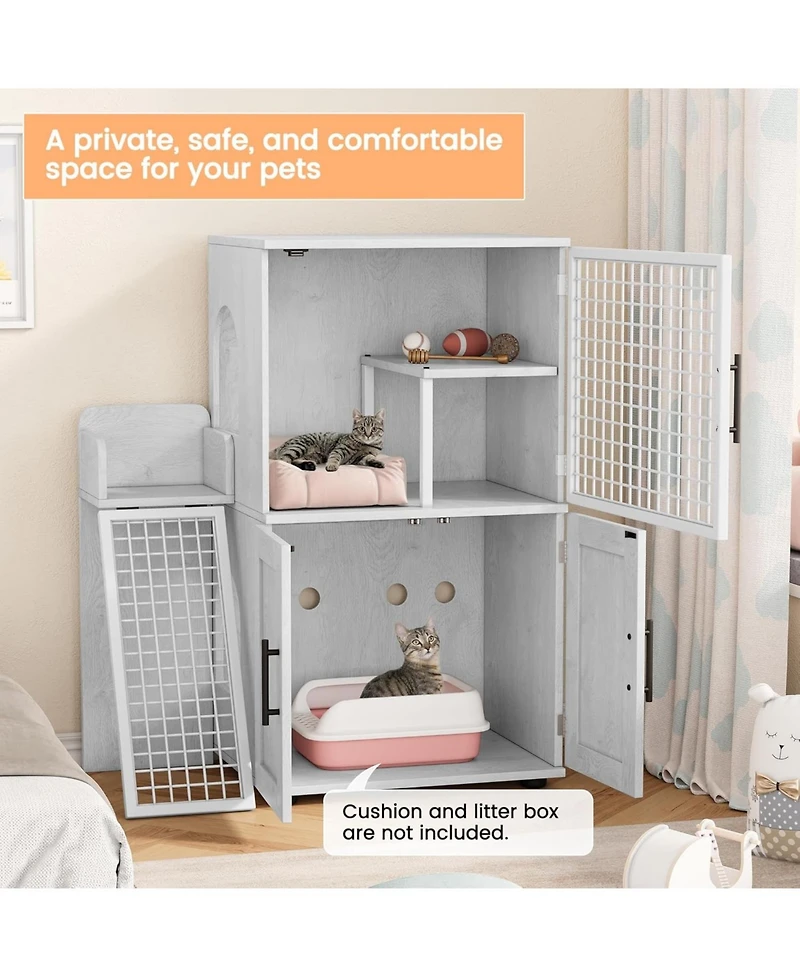 gaomon Modern Cat Litter Box Enclosure, Dual Layer Hidden Washroom, Sturdy Ladder, Indoor Cat Cabinet, White