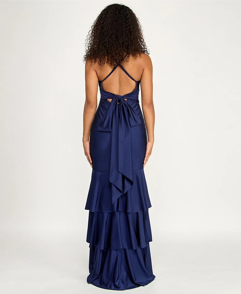 Katia Rae Juniors' V-Neck Ruffled Tie-Back Gown