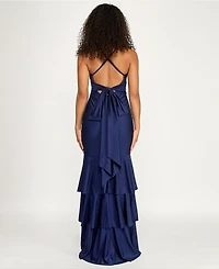 Katia Rae Juniors' V-Neck Ruffled Tie-Back Gown