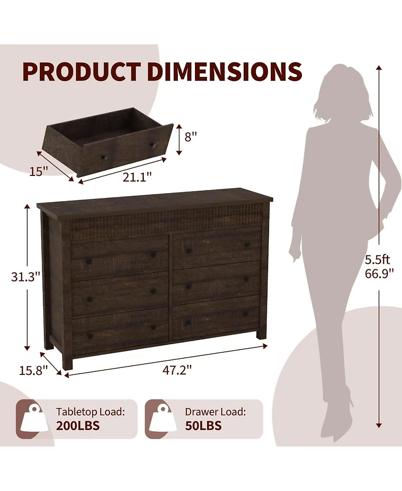 gaomon 6-Drawer Farmhouse Dresser Bedroom Wooden Chest of Drawers, Fluted Tv Stand Storage Cabinet for Living Room, Hallway, Office