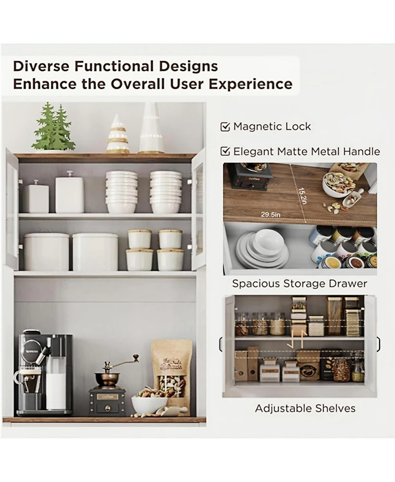 gaomon Kitchen Cabinet with Glass Doors, Large Drawer, Adjustable Shelves, Cable Hole, Anti-Tilt Storage, White