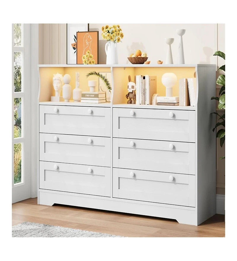 gaomon 6-Drawer Modern Dresser with Power Outlet & Led Light, Large Capacity Wood Storage Chest Tv Stand for Bedroom, Living Room