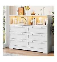 gaomon 6-Drawer Modern Dresser with Power Outlet & Led Light, Large Capacity Wood Storage Chest Tv Stand for Bedroom, Living Room