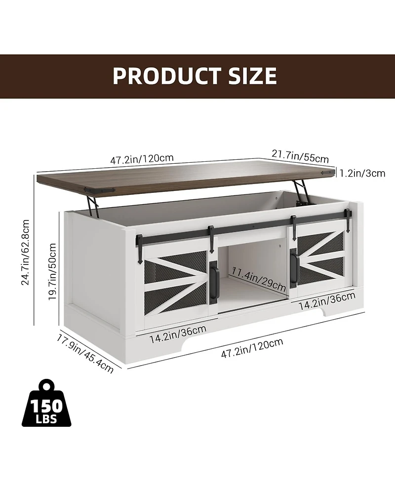 gaomon Lift-Top Coffee Table, 47.2" Rustic Wood, Multifunctional Convertible Center Table with Ample Storage, Living Room