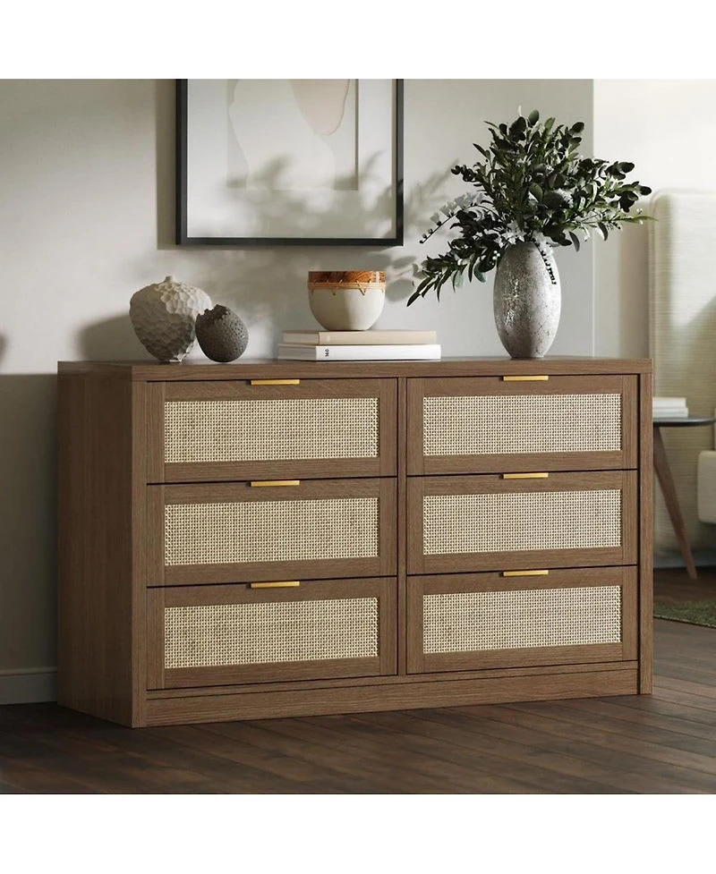 gaomon 6-Drawer 53" Modern Rattan Dresser Bedroom Boho Wood Chest Storage Cabinet, Tv Stand for Living Room, Metal Handles