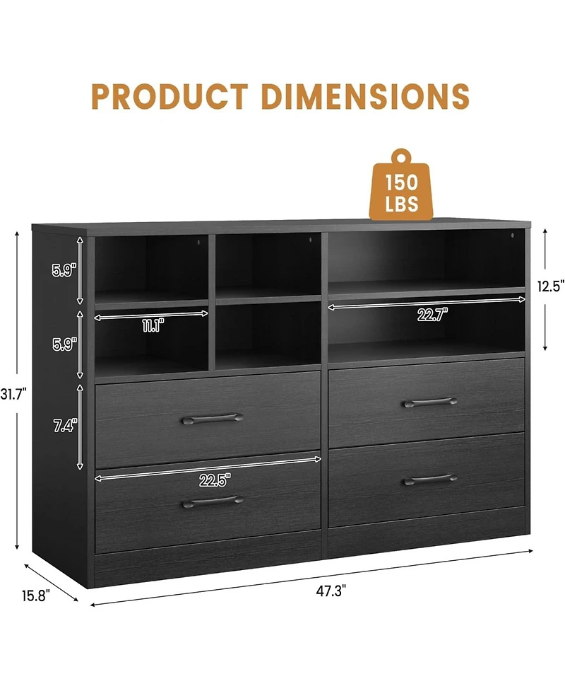 gaomon 4-Drawer Black Bedroom Dresser, 6 Open Shelves, Modern Tv Stand, Space-Saving Cabinet for Living Room