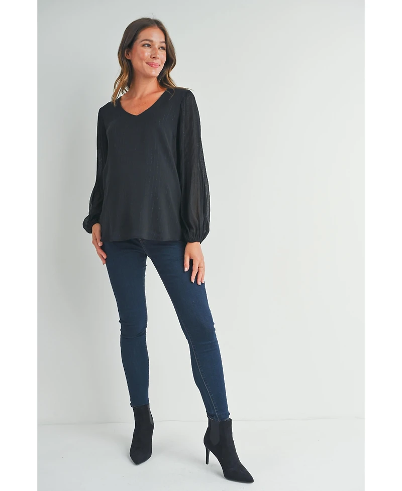 Hello Miz Maternity Flowy Sheer Long Sleeve V Neck Blouse