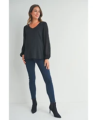 Hello Miz Maternity Flowy Sheer Long Sleeve V Neck Blouse