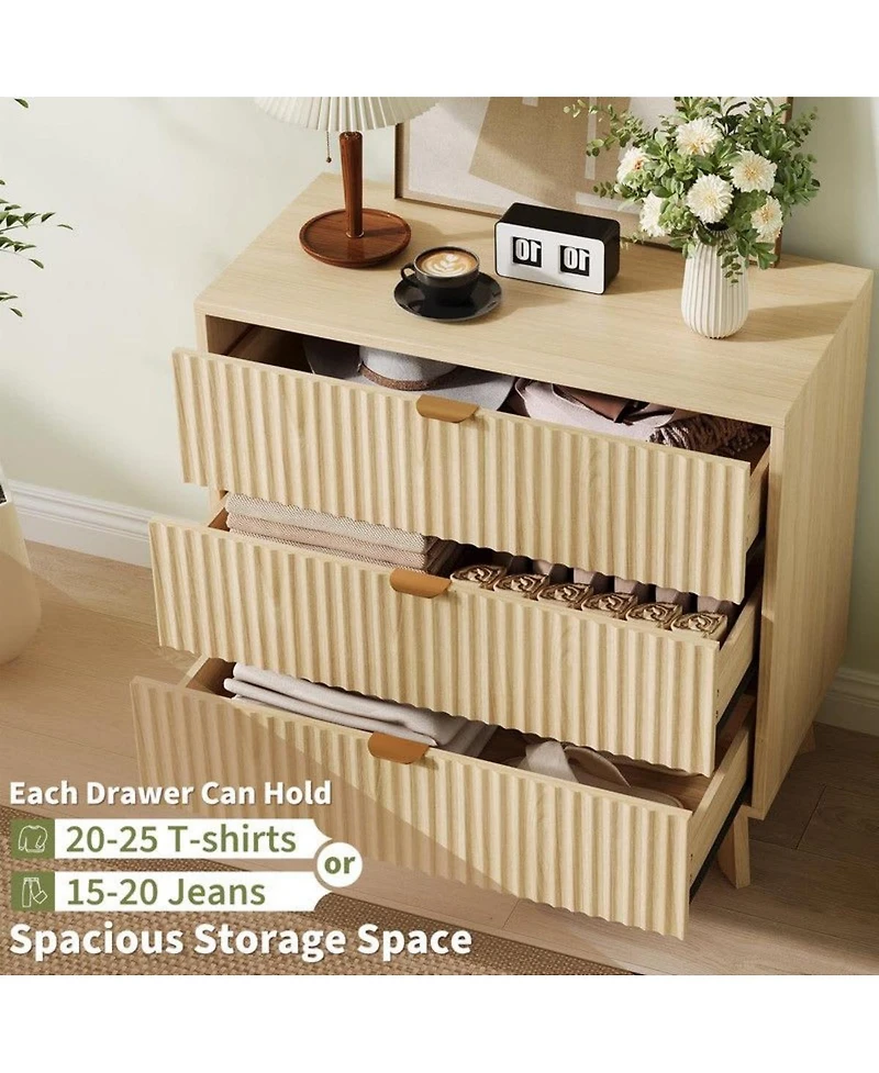 gaomon 3-Drawer Mid Century Modern Dresser with Tall Fluted Waveform Drawers, Wood Organizer for Bedroom, Living Room, Hallway
