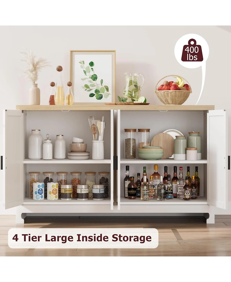 gaomon Modern Rattan Accent Storage Cabinet with 4 Doors & Shelf, Console Coffee Bar, Dining Room, Kitchen, Living Room, White