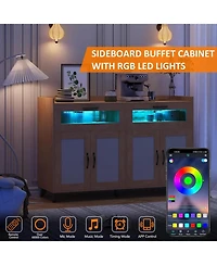 gaomon Farmhouse Storage Cabinet with Charging Station, Led Light, Rattan Buffet, Heavy Duty, Kitchen, Living Room