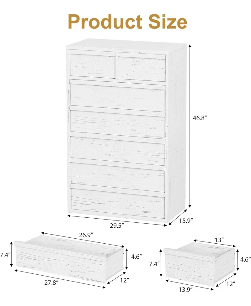 gaomon 7-Drawer Modern Tall Wooden Dresser, 46" Large Storage Chest Organizer for Bedroom, Living Room, Nursery, White