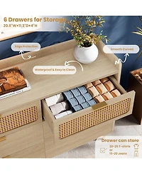 gaomon 6-Drawer Double Dresser, 47" Wide, Modern Wood Chest, Rattan Storage for Bedroom