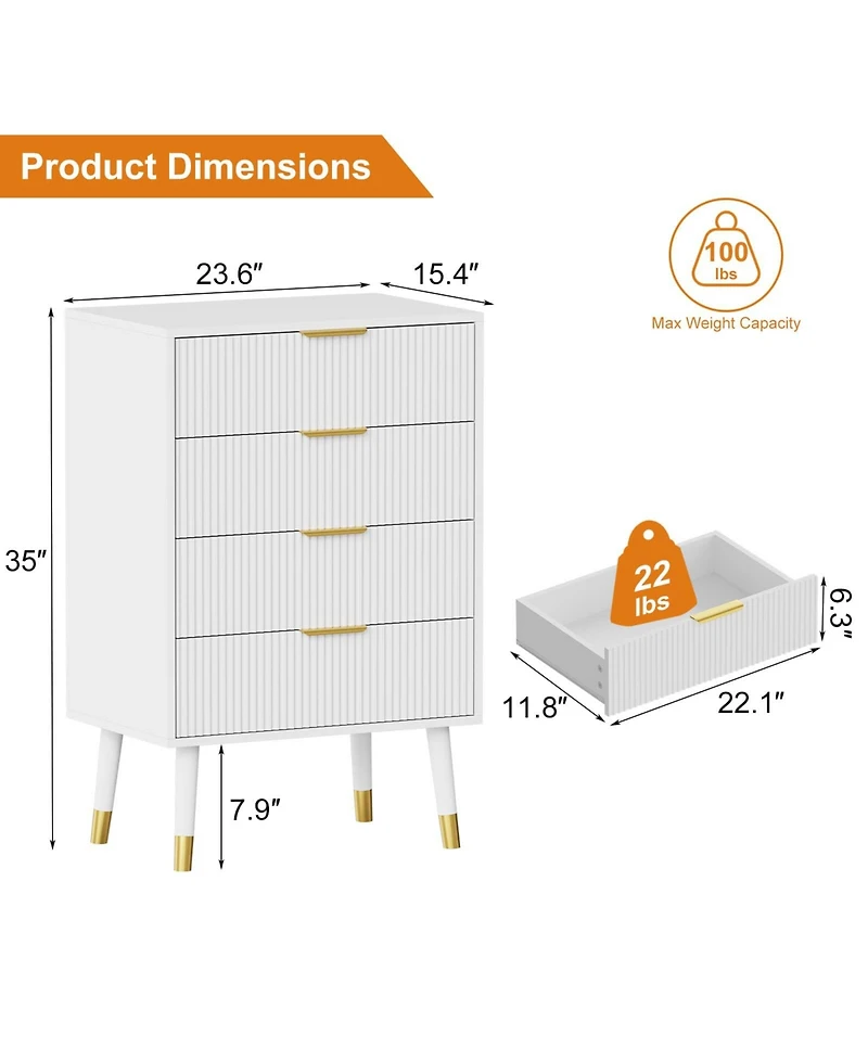 gaomon 4-Drawer White Wood Dresser, Storage Chest Cabinet Organizer for Bedroom, Living Room, Hallway